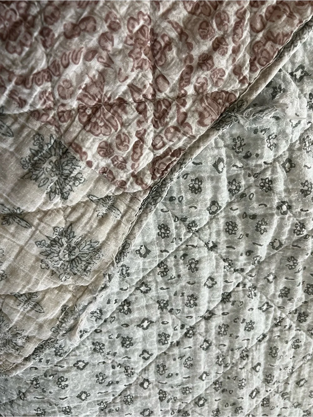 Shabby Chic Quilted Floral Bedspread in Sage and Blush